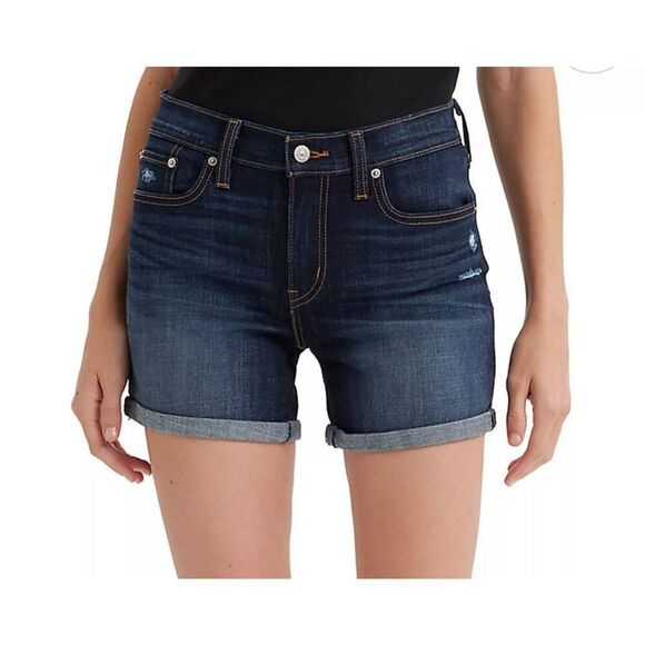 New Levi’s Mid Length Shorts Dark Blue Denim Jean Women’s Sz 31 Stretch Cuffed - Picture 5 of 7